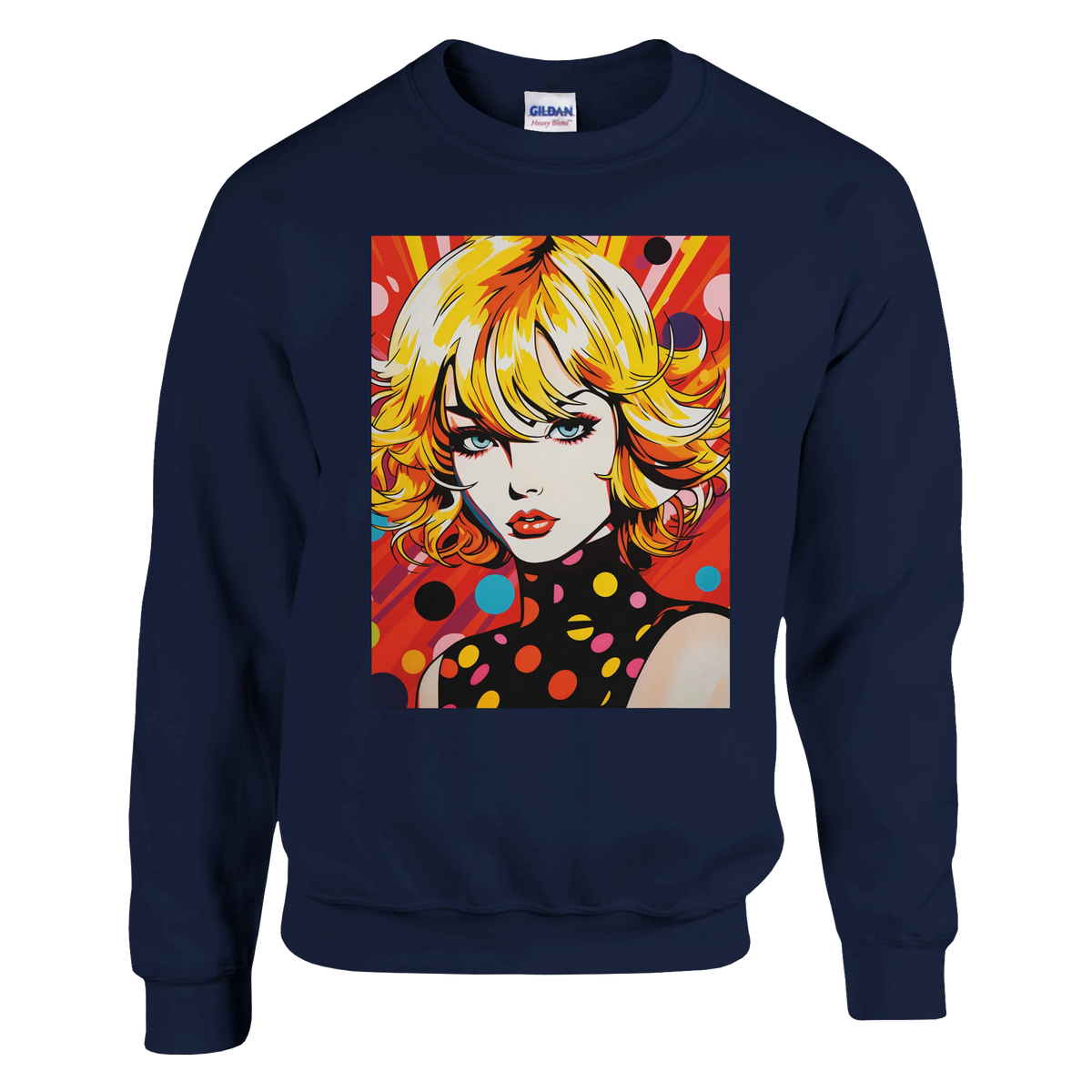 Navy sweatshirt featuring a bold pop art woman graphic with vibrant retro comic colors, blonde hair, and polka dot details.