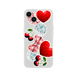 Y2K transparent iPhone case featuring sticker effect cherries, pink heart bows, geometric red hearts, and disco balls for a glossy disco look.