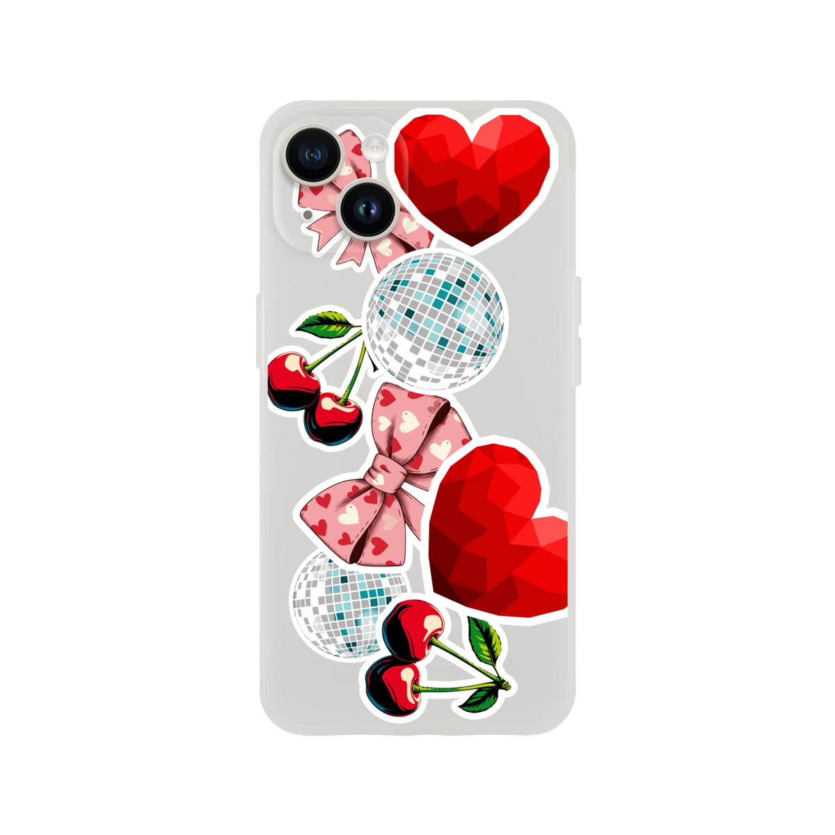Y2K transparent iPhone case featuring sticker effect cherries, pink heart bows, geometric red hearts, and disco balls for a glossy disco look.