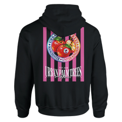 Retro red apples graphic print on pink and black vertical stripes, featuring Urban Palm Trees Manchester apparel text on black hoodie back.
