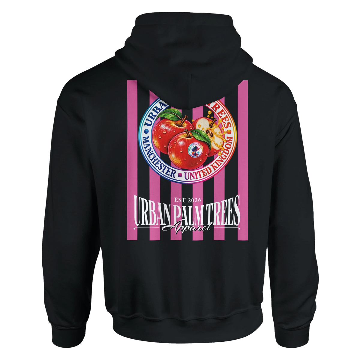 Retro red apples graphic print on pink and black vertical stripes, featuring Urban Palm Trees Manchester apparel text on black hoodie back.