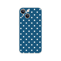 Navy blue retro phone case with white polka dots, featuring shock-absorbing TPU protection and a smooth matte finish for iPhone 13-16.
