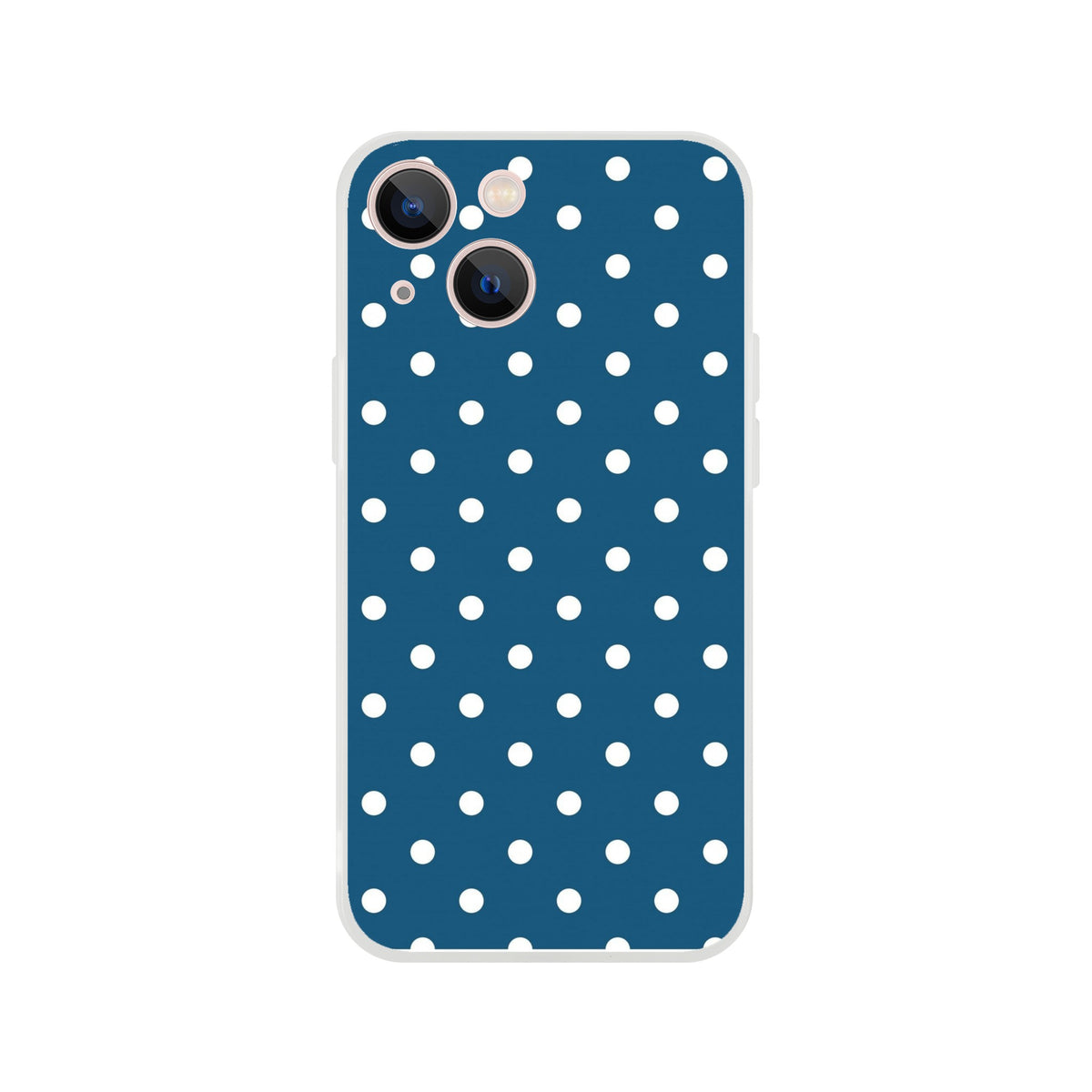 Navy blue retro phone case with white polka dots, featuring shock-absorbing TPU protection and a smooth matte finish for iPhone 13-16.