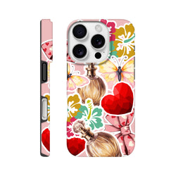 Pink floral iPhone case with butterfly, perfume bottle, and red heart sticker collage design on tough outer shell.