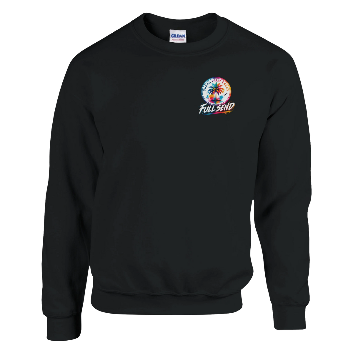 Black sweatshirt featuring colorful Urban Palm Trees logo and Full Send graphic on the chest for casual style.
