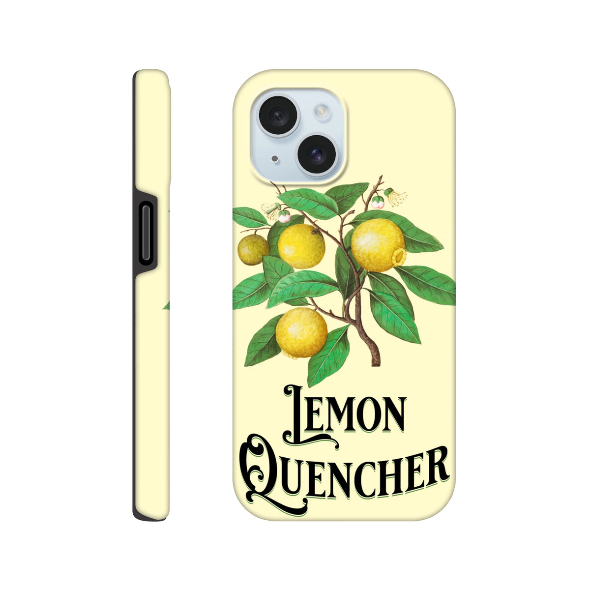 Vintage lemon tough iPhone case featuring retro botanical lemon branch illustration and "Lemon Quencher" text on a pale yellow background.