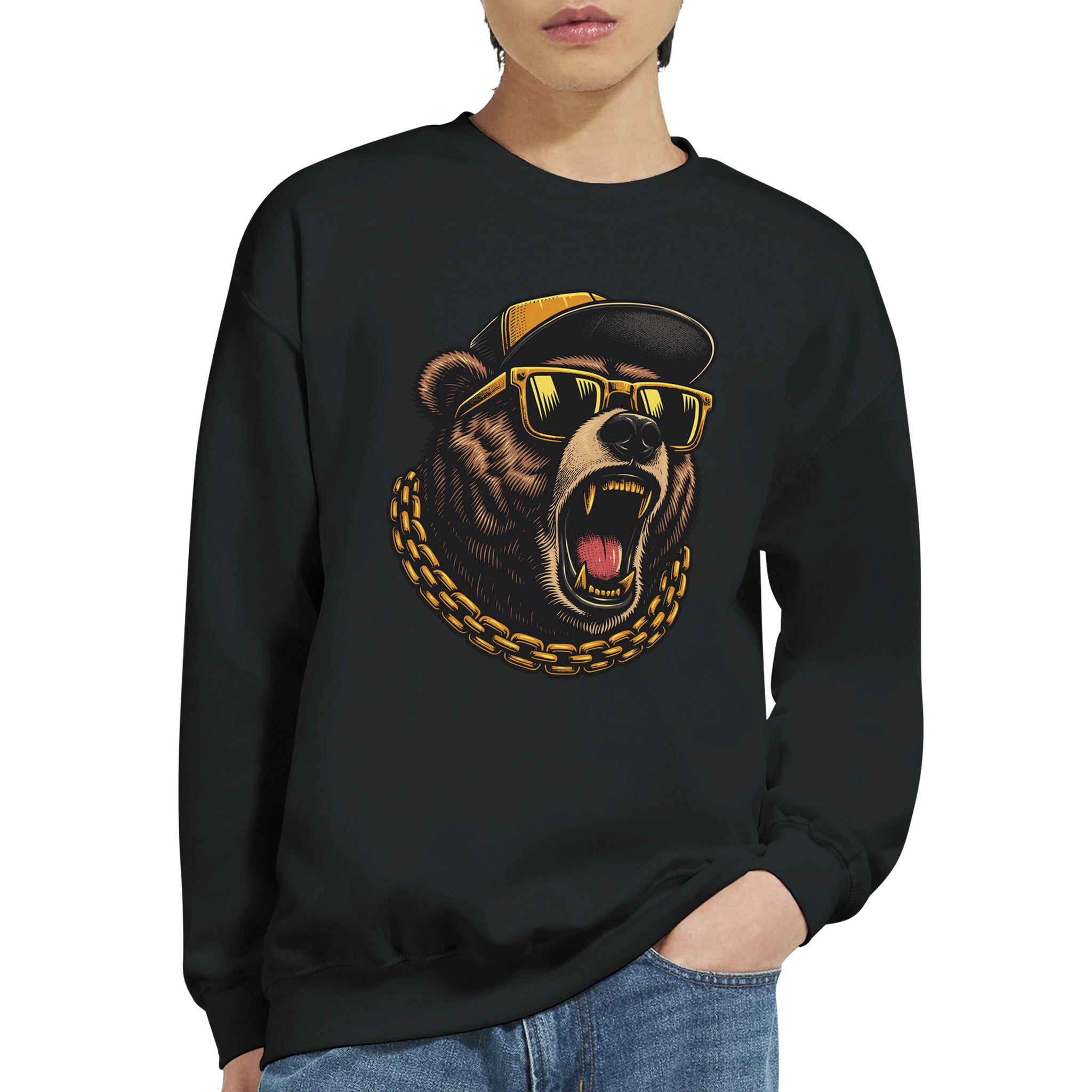 Grizzly Bear men's graphic sweatshirt on black 50/50 cotton-poly, roaring bear with sunglasses, cap, and gold chain.