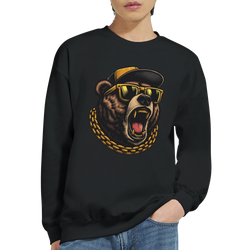 Grizzly Bear men's graphic sweatshirt on black 50/50 cotton-poly, roaring bear with sunglasses, cap, and gold chain.