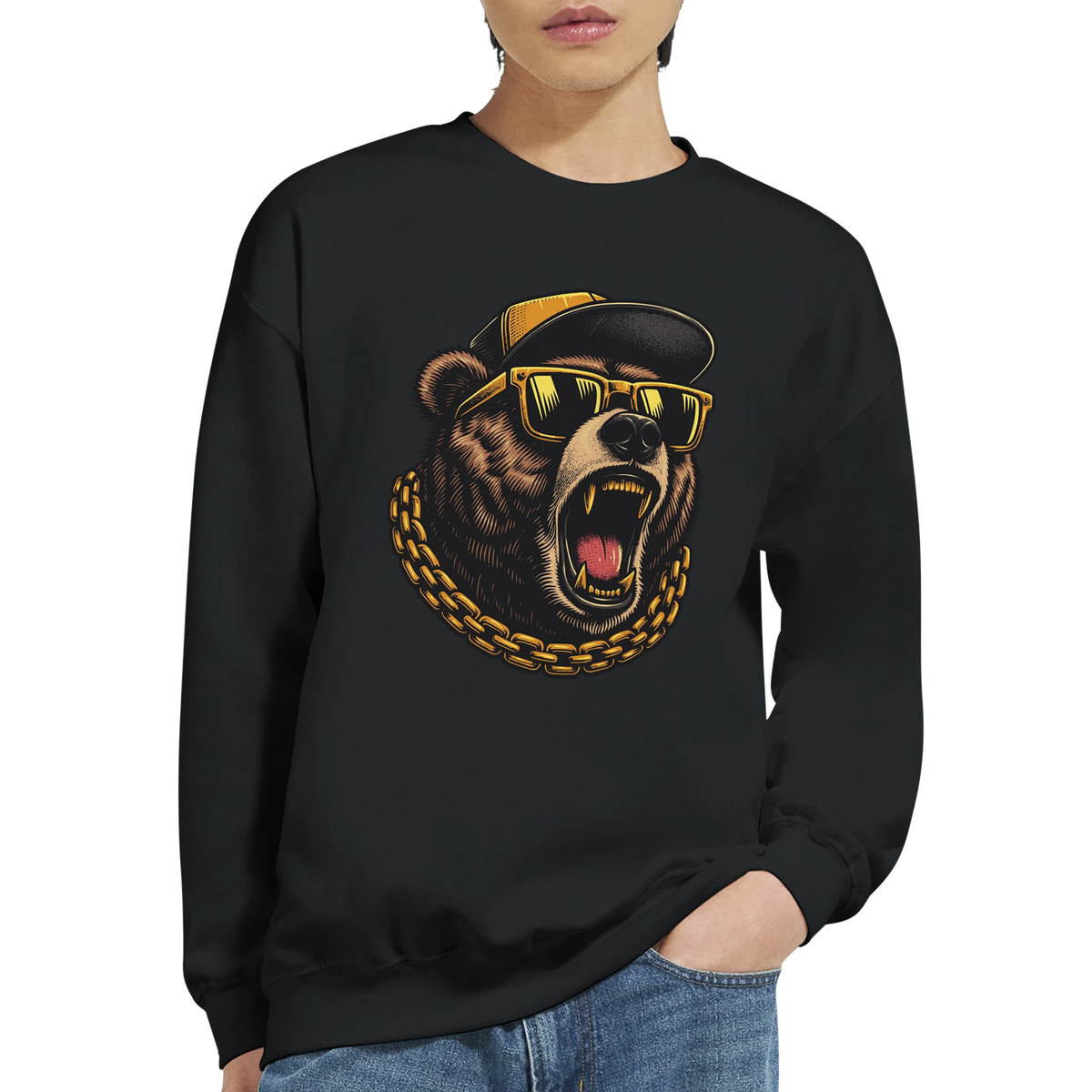 Grizzly Bear men's graphic sweatshirt on black 50/50 cotton-poly, roaring bear with sunglasses, cap, and gold chain.