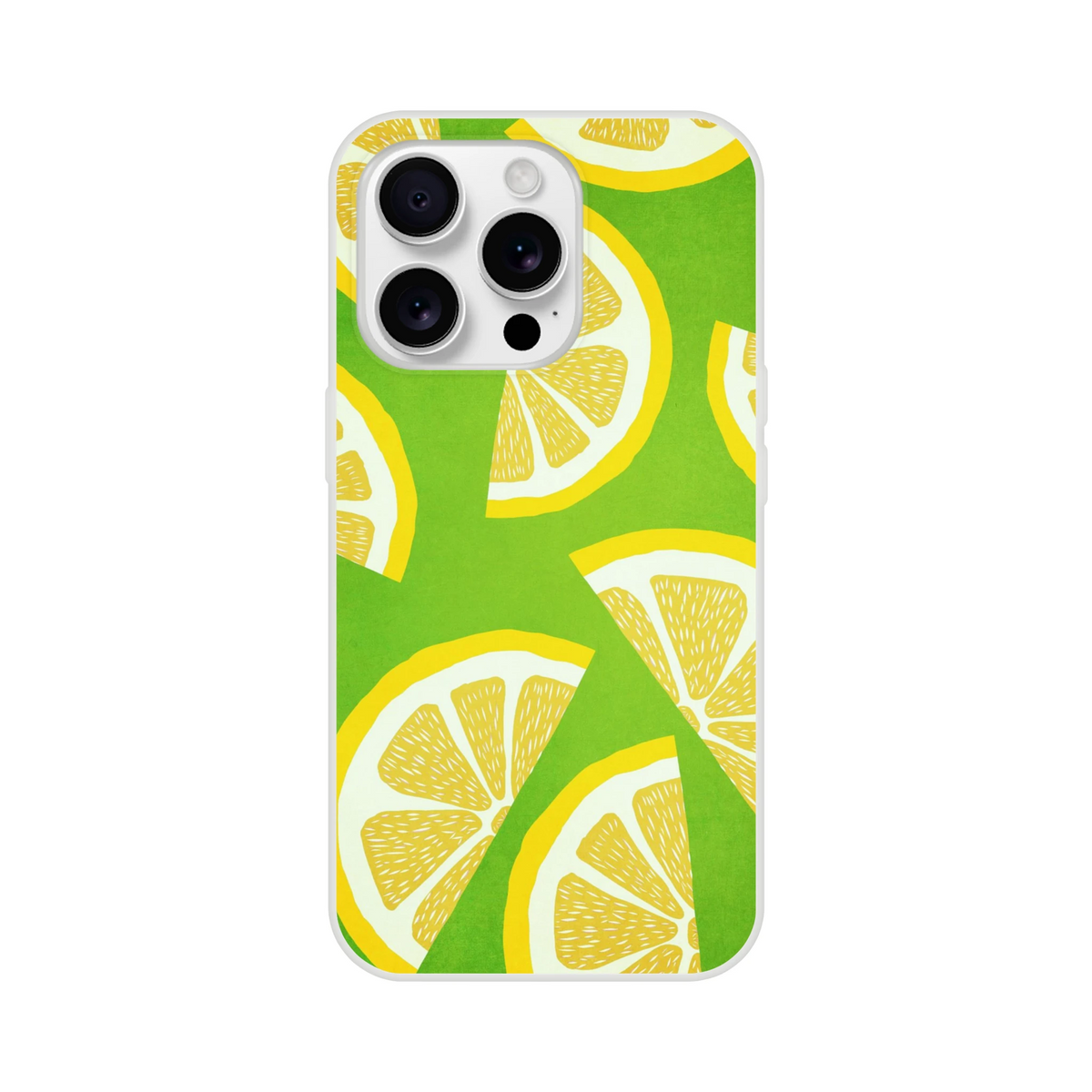 Cute lemon-slice citrus iPhone case (13–16) with slim matte finish on a green background.