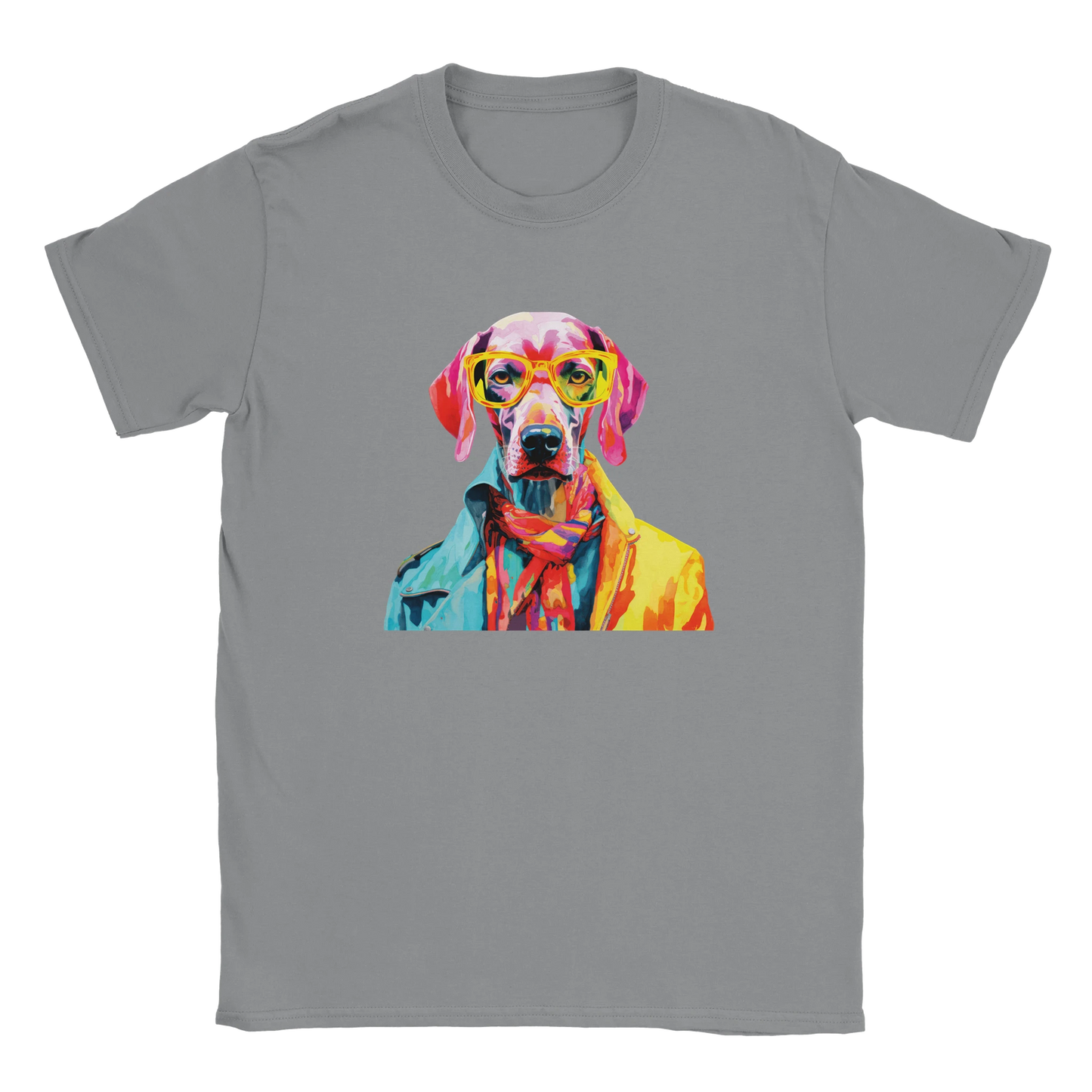 Gray Gent Dog T Shirt displays a vibrant multicolor dog wearing yellow sunglasses.