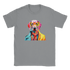 Gray Gent Dog T Shirt displays a vibrant multicolor dog wearing yellow sunglasses.