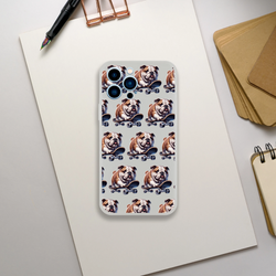 Transparent iPhone case with a repeating bulldog on skateboard pattern for iPhone 13-16