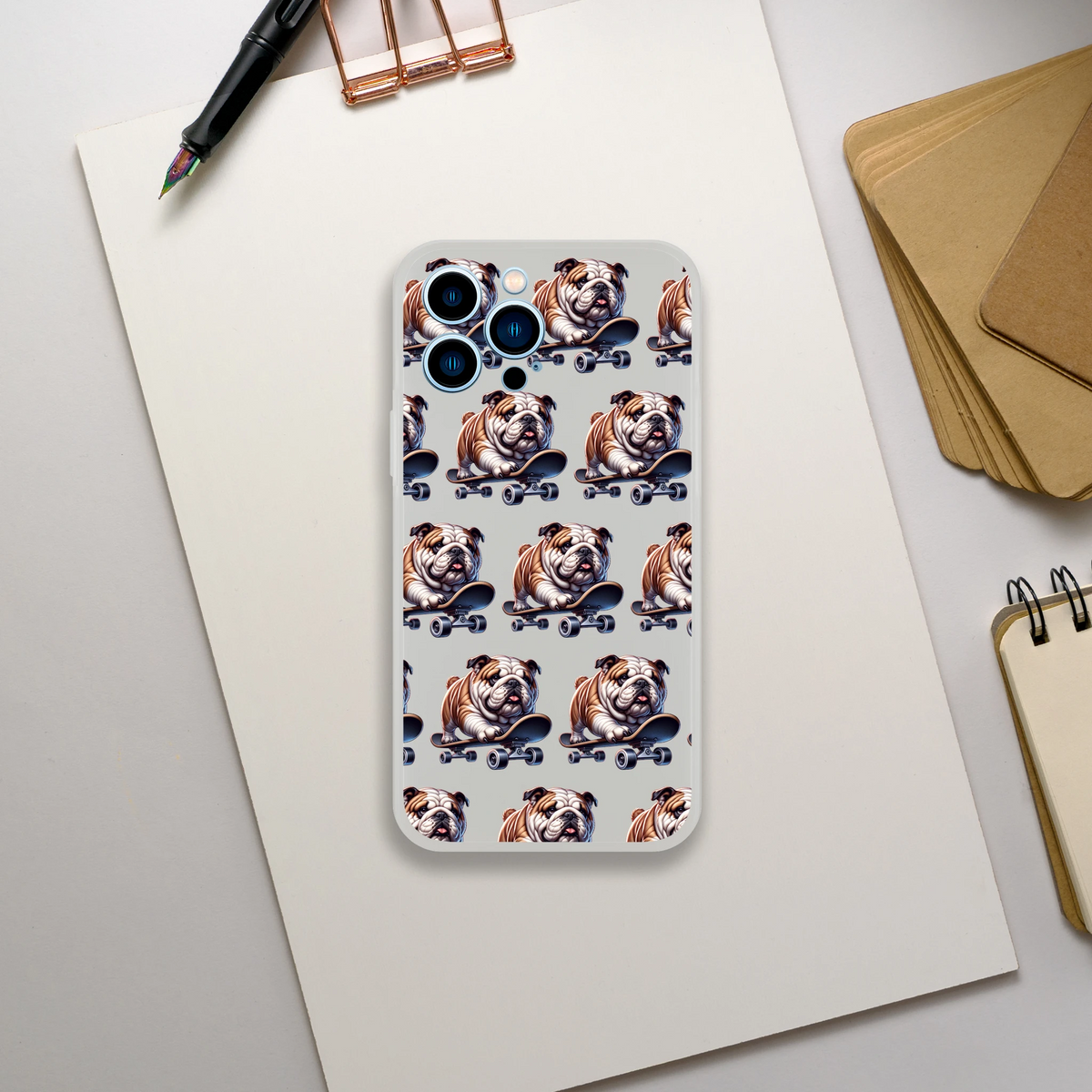 Transparent iPhone case with a repeating bulldog on skateboard pattern for iPhone 13-16