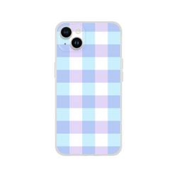 Blue gingham pastel checkered iPhone case (13-16), slim flexible shell with subtle protection and vibrant print.