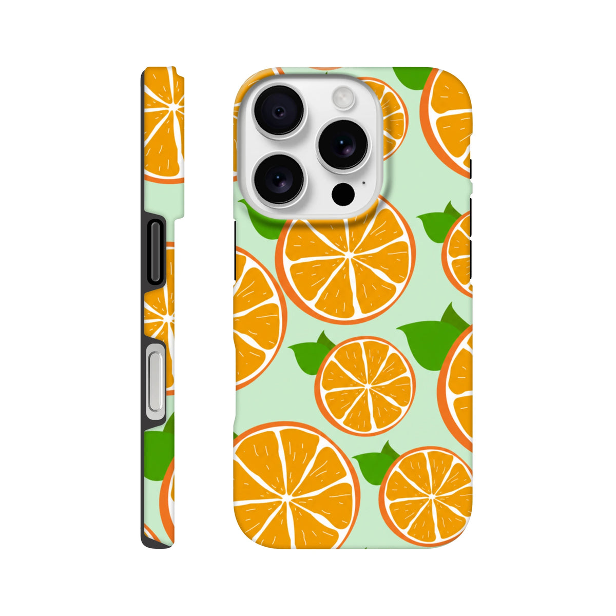 Tough iPhone case for 13-16 with orange slice pattern on mint background and reinforced bumpers.
