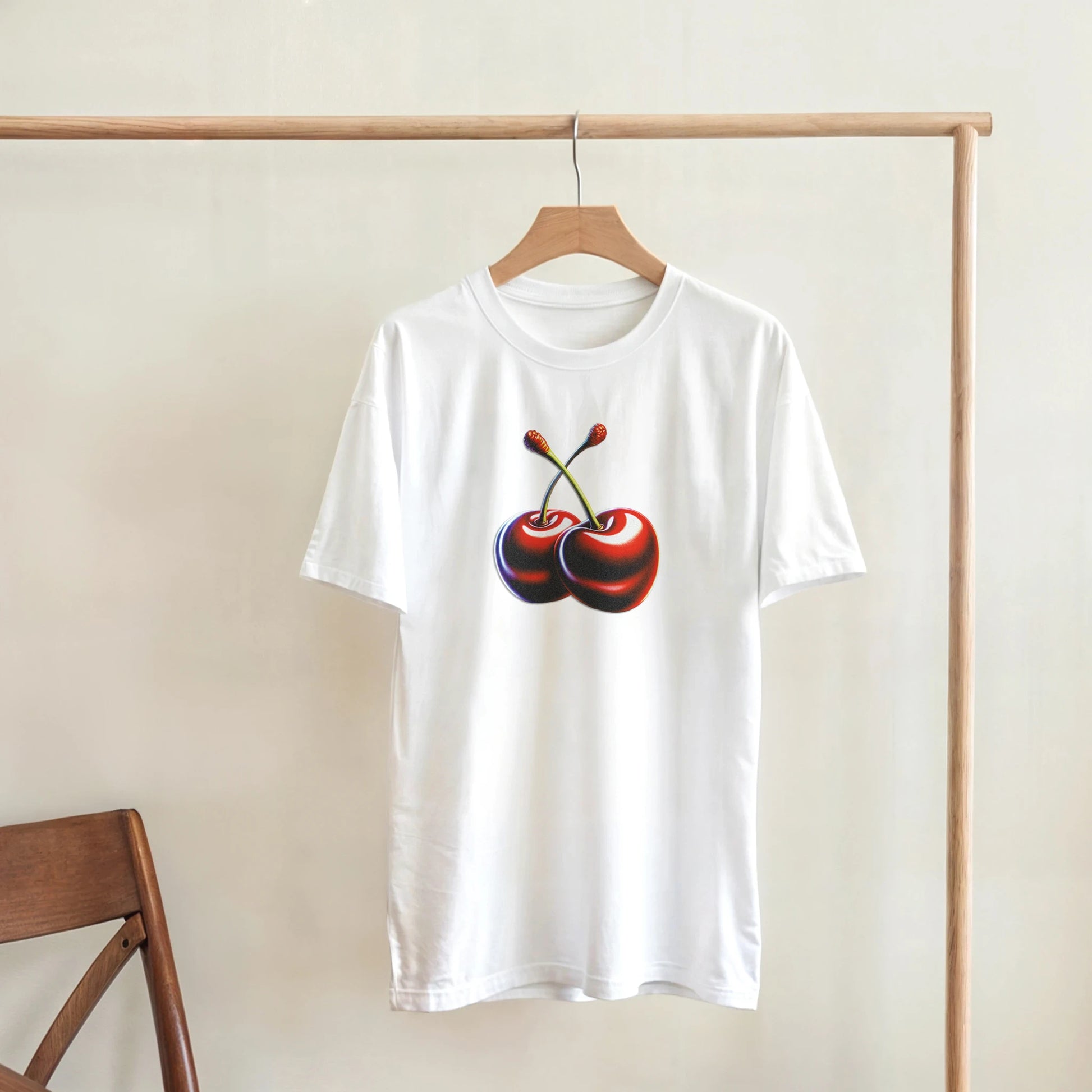 White cotton T-shirt with a red cherry graphic on the front.
