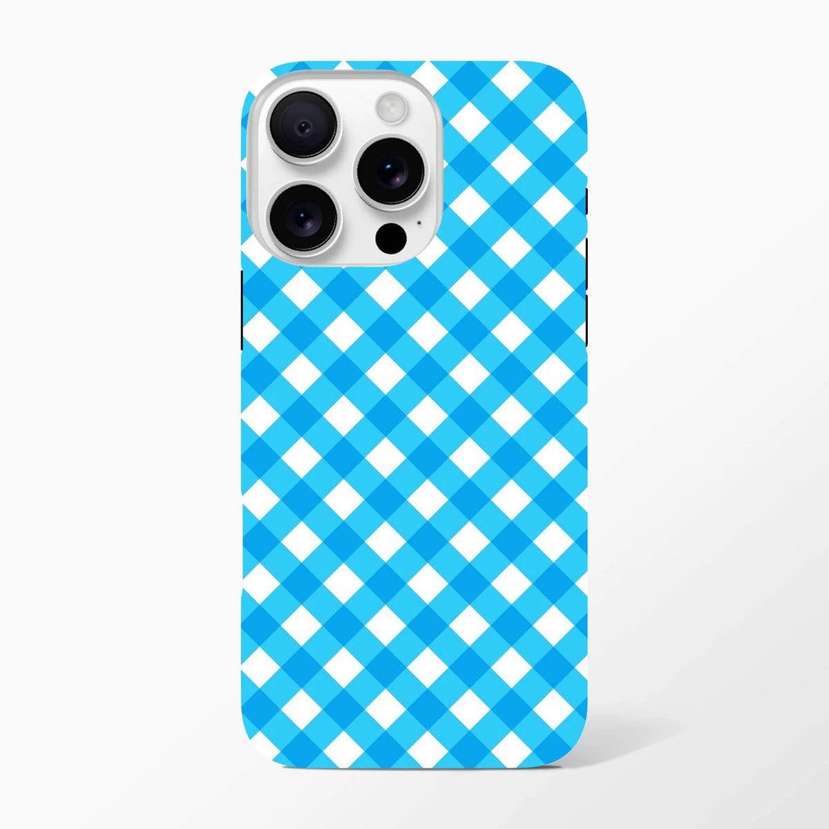 Retro blue gingham checkered tough iPhone case providing shock absorption and wireless charging compatibility for daily use.