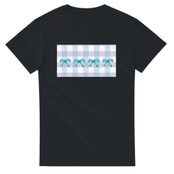 Black women's T-shirt with pastel blue gingham panel and blue bows, Coquette aesthetic.