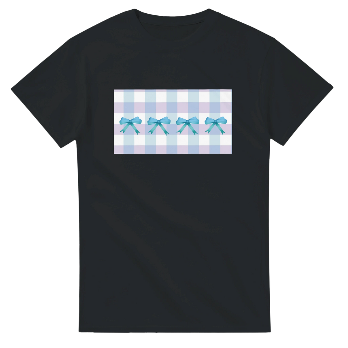 Black women's T-shirt with pastel blue gingham panel and blue bows, Coquette aesthetic.