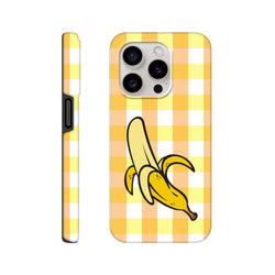 Cute yellow gingham iPhone case featuring a peeled banana graphic. Tough protective checkered cover for iPhone 13-16.