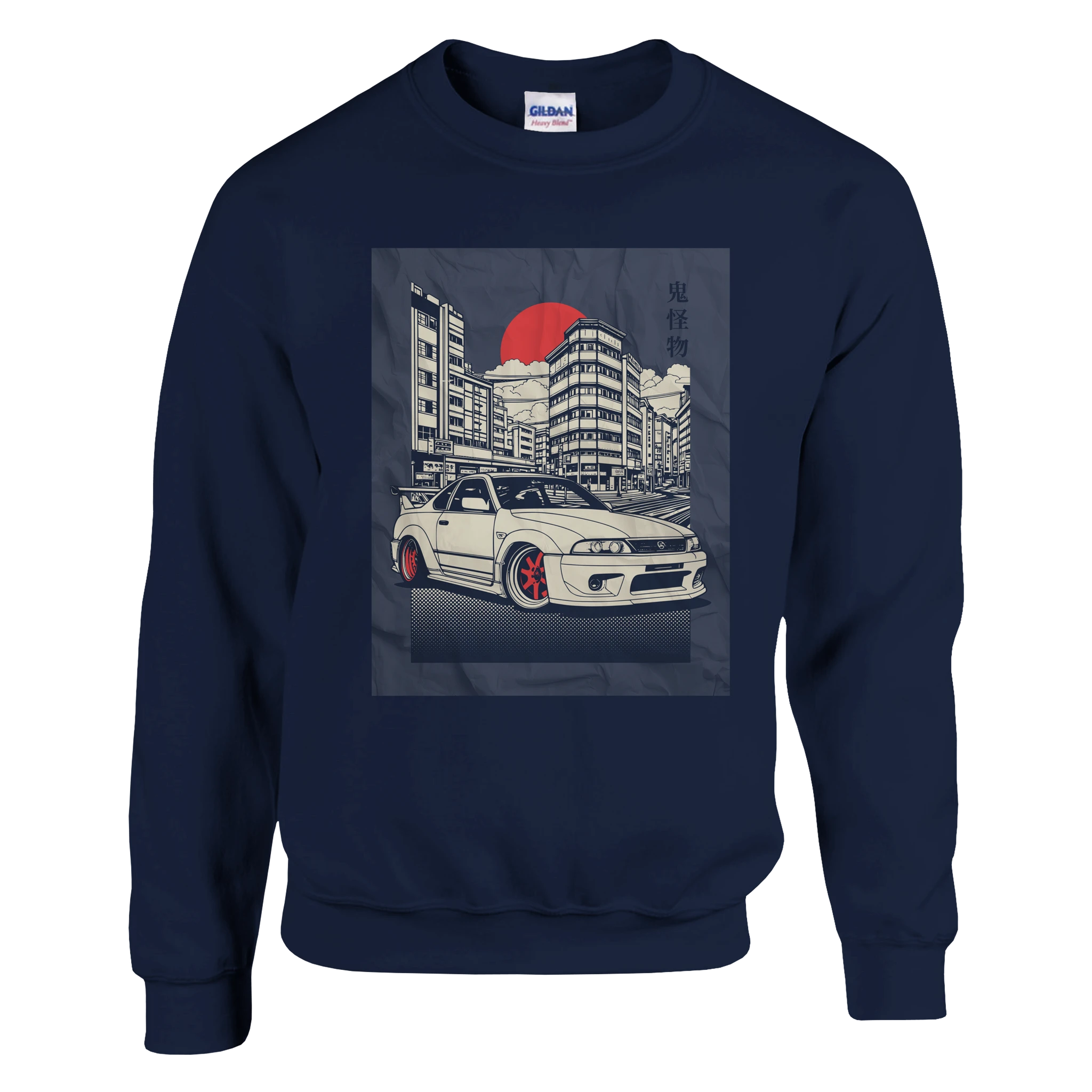 Navy sweatshirt with JDM car graphic, urban cityscape, red sun, and kanji accents.