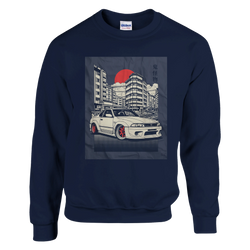 Navy sweatshirt with JDM car graphic, urban cityscape, red sun, and kanji accents.