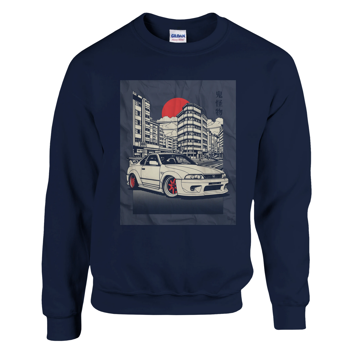 Navy sweatshirt with JDM car graphic, urban cityscape, red sun, and kanji accents.