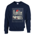 Navy sweatshirt with JDM car graphic, urban cityscape, red sun, and kanji accents.