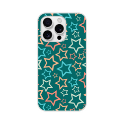 Y2K aesthetic retro iPhone case featuring teal background and multicolour star print for iPhone 13-16.