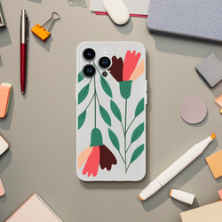 Slim transparent iPhone case with green leaves and coral-pink flowers for iPhone 13–16.