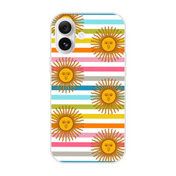 Retro rainbow sun iPhone case (13-16) with boho stripes and sun motifs, matte finish.