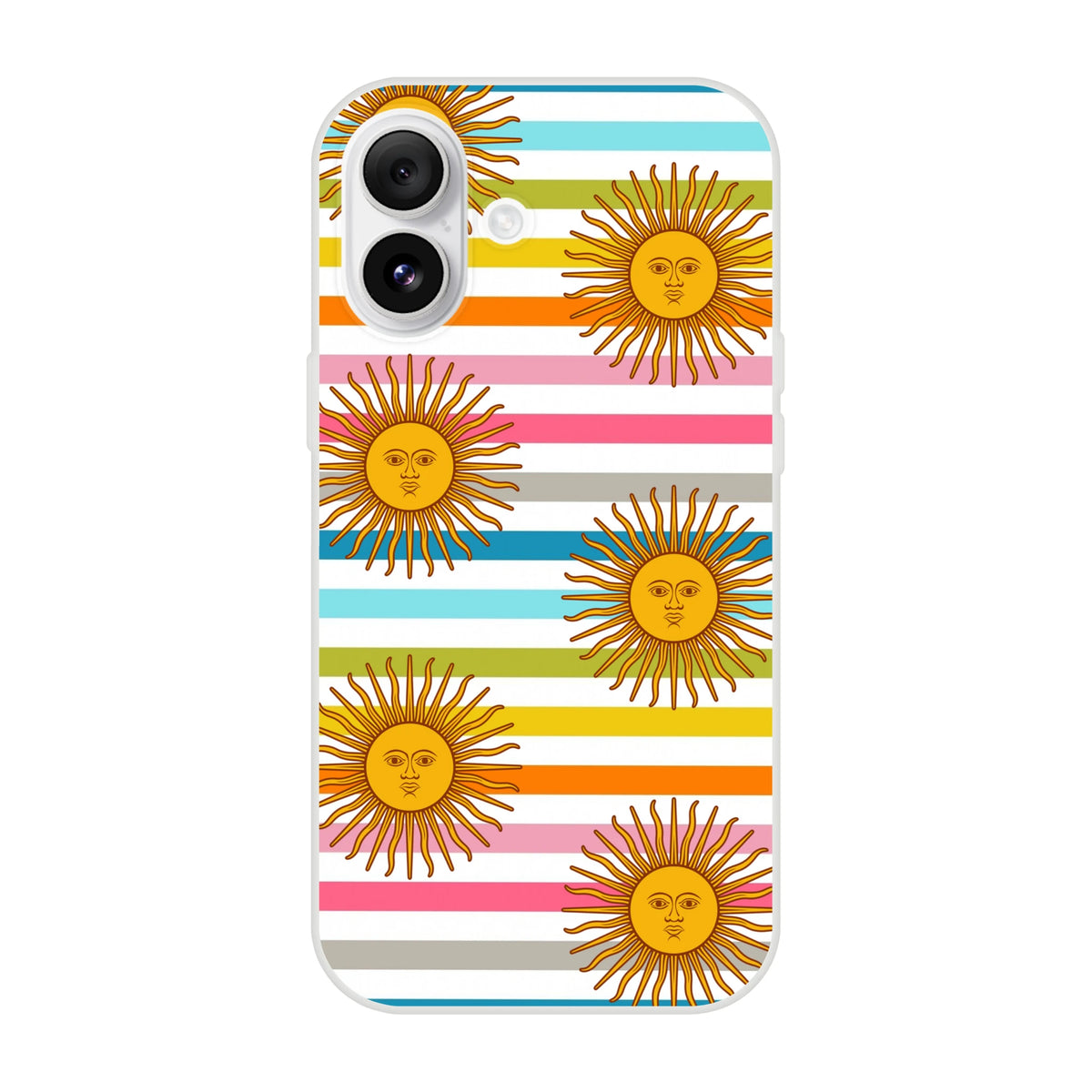 Retro rainbow sun iPhone case (13-16) with boho stripes and sun motifs, matte finish.