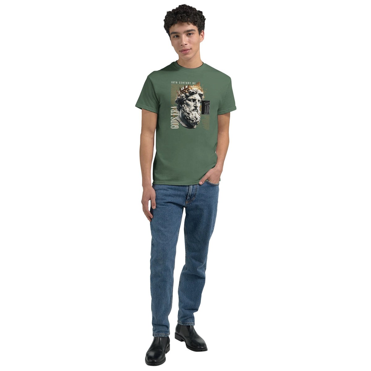 Green Gothic Gods men's graphic T-shirt in soft cotton blend with bold statue head graphic and crew neck.