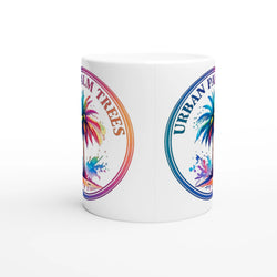 Urban Palm Trees Mug, Y2K aesthetic coffee cup with colorful circular logo design, ceramic.