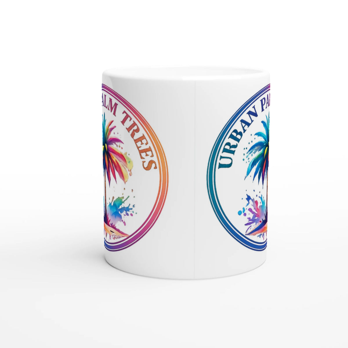Urban Palm Trees Mug, Y2K aesthetic coffee cup with colorful circular logo design, ceramic.