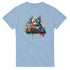 Colorful cat DJ graphic on a light-blue T-shirt; cat with headphones at a DJ deck amid splashes of color.