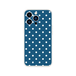 Retro navy blue and white polka dot iPhone case. Shock-absorbing TPU cover with matte finish for drop protection on compatible models.