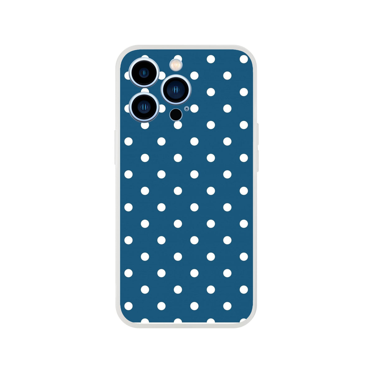 Retro navy blue and white polka dot iPhone case. Shock-absorbing TPU cover with matte finish for drop protection on compatible models.