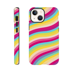 Retro rainbow wave iPhone case featuring bold wavy stripes and tough shock-absorbing TPU protection for daily use.