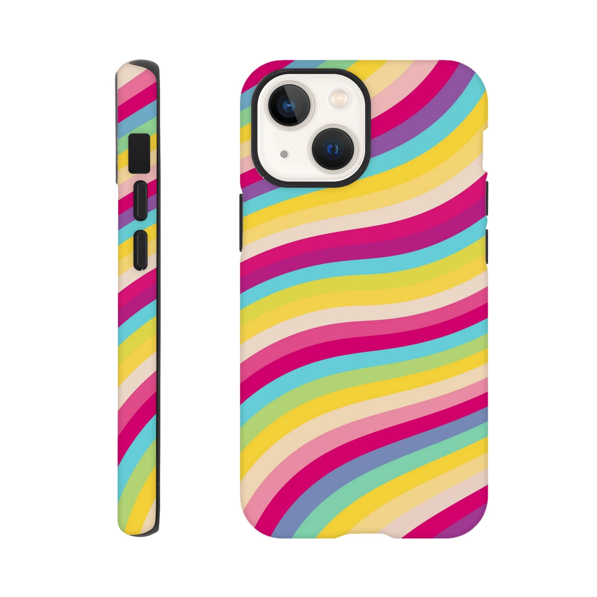 Retro rainbow wave iPhone case featuring bold wavy stripes and tough shock-absorbing TPU protection for daily use.