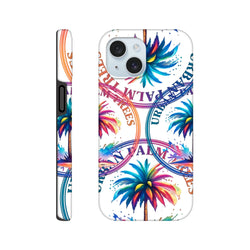 Tough iPhone case with vibrant rainbow palm trees and circular Urban Palm Trees typography wraparound print.
