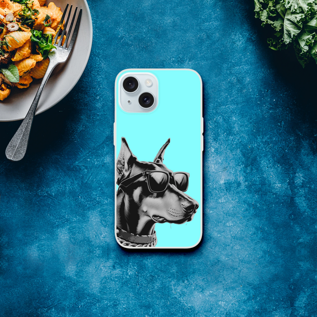 Cool Dog iPhone Case with turquoise back, retro vibe, featuring a sunglasses-wearing dog.