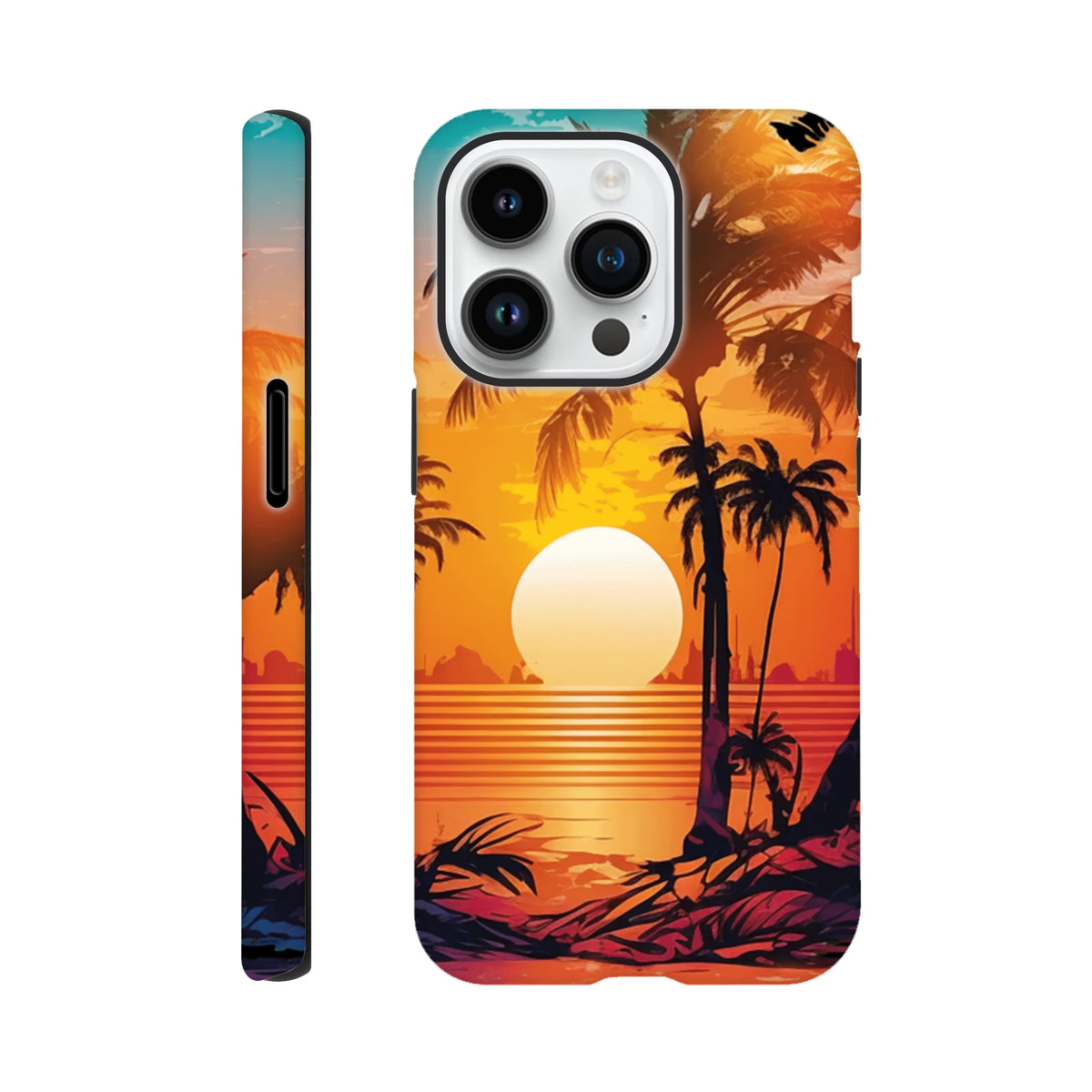 Retro tropical sunset iPhone case featuring palm tree silhouettes against an orange beach sunrise for durable island-style protection.