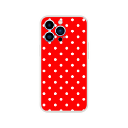 Retro red iPhone case with white polka dots. Slim TPU shell offering shock-absorbing protection for iPhone 13-16 models.