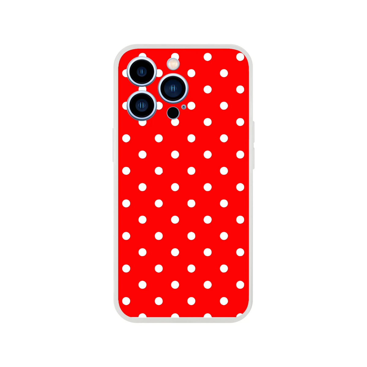 Retro red iPhone case with white polka dots. Slim TPU shell offering shock-absorbing protection for iPhone 13-16 models.