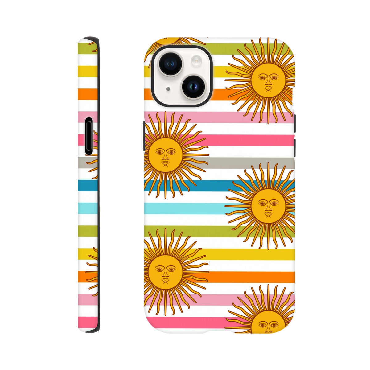Retro celestial iPhone case with rainbow stripes and golden sun faces. Durable protection for transit and photos.