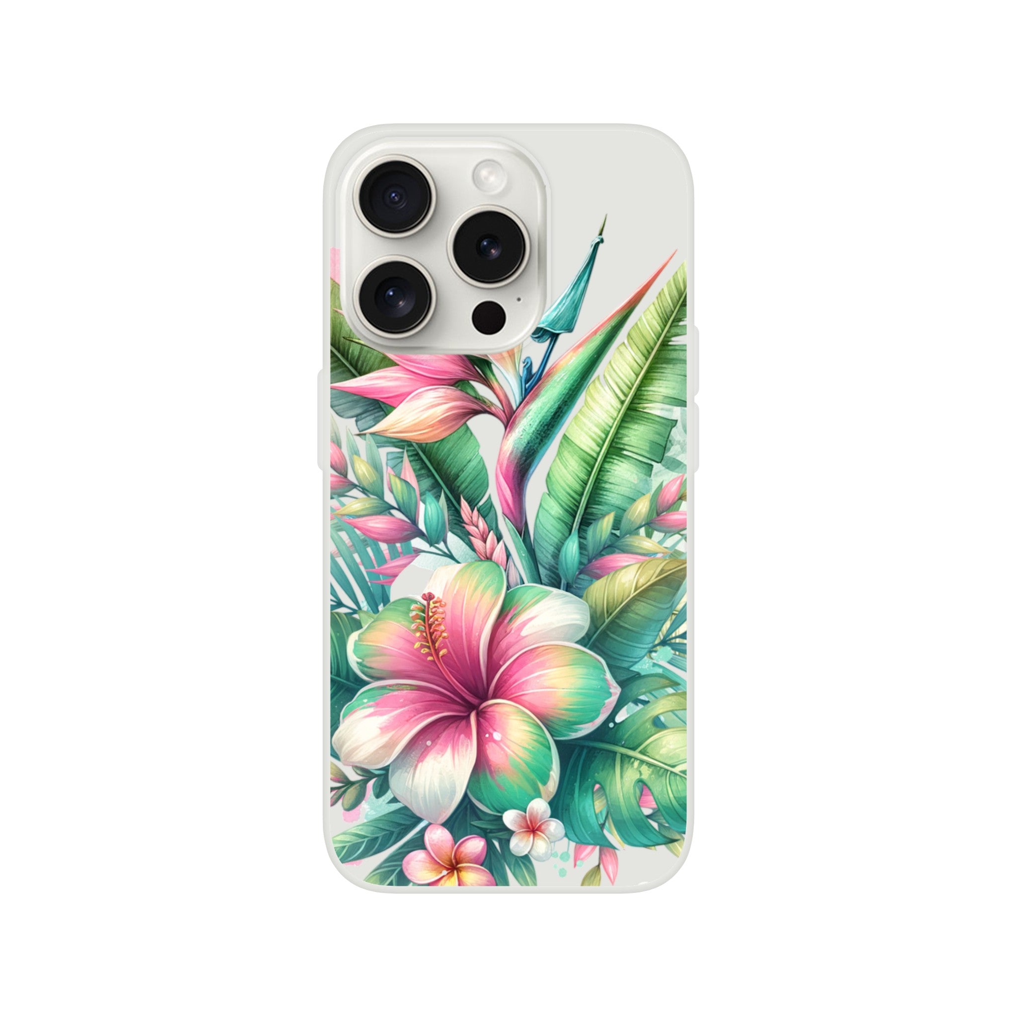Exotic Flowers iPhone case with tropical hibiscus and lush leaves, slim protective cover for iPhone 16/15/14/13