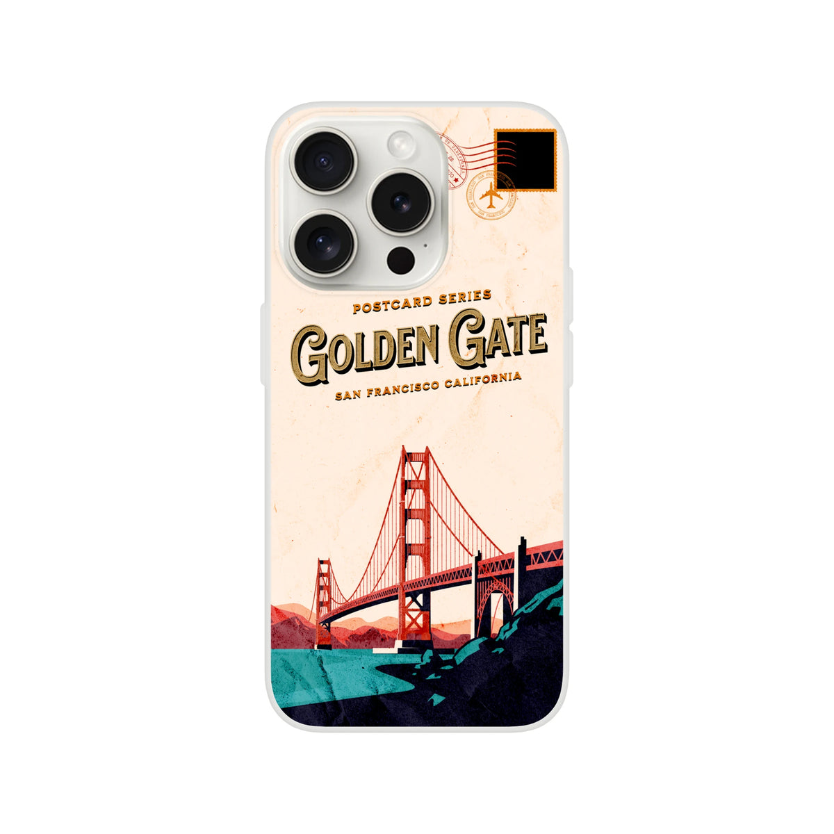 Vintage postcard-style iPhone case featuring the Golden Gate Bridge artwork in San Francisco