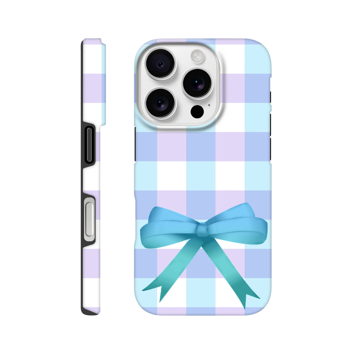 Cute blue gingham iPhone case featuring a pastel check pattern and large teal bow for a coquette streetwear aesthetic.